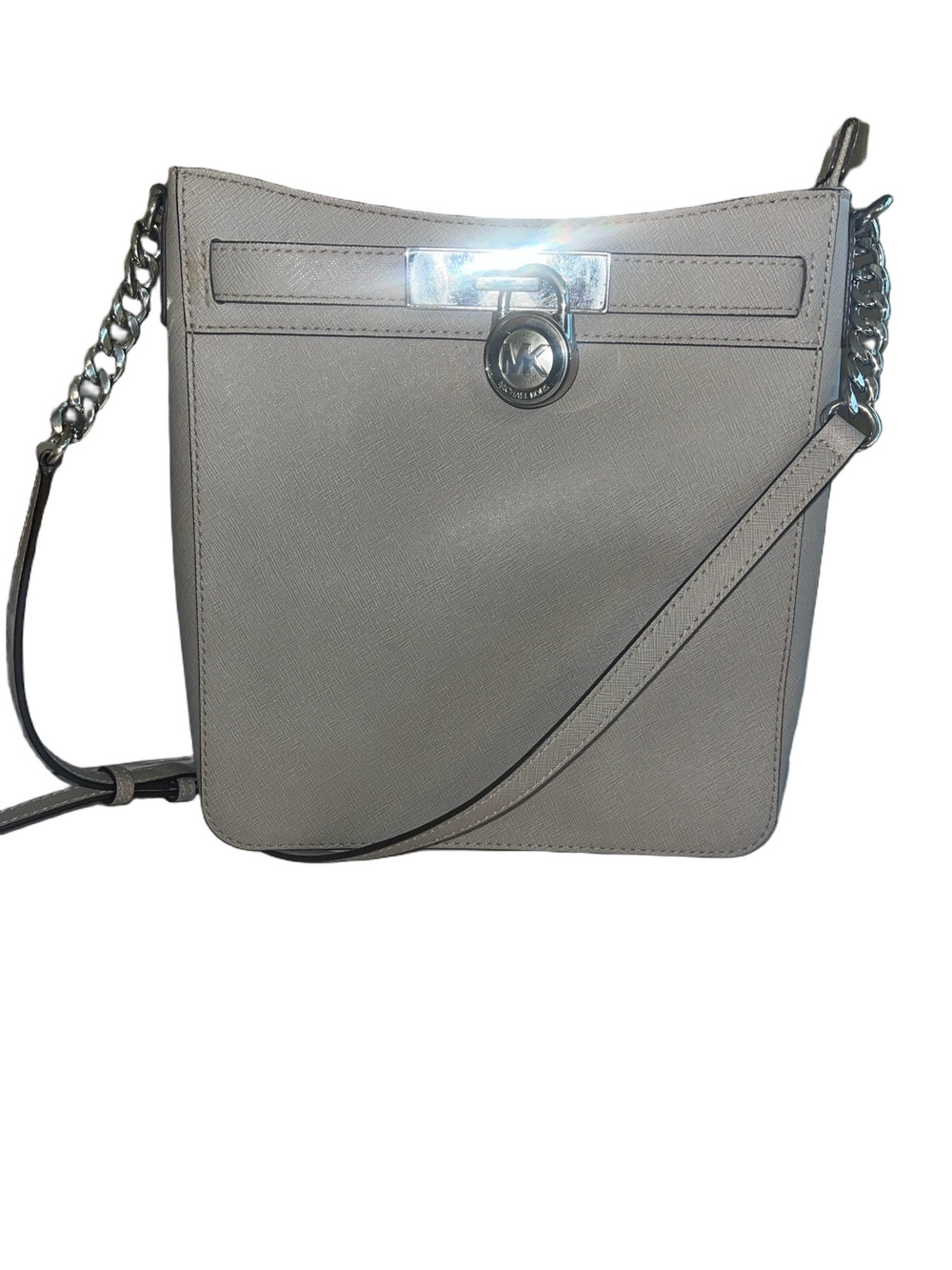 Michael Kors Hamilton Medium Top Zip Leather Messenger Bag in Pearl Gray